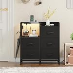 Somdot Table de chevet noire pour chambre avec station de recharge et LED Léger, large 5 Dressers Dresser avec des bacs en tissu et plateau ouvert pour les enfants de chambre Cabinet Dorm Chambre d'hôtes, Noir