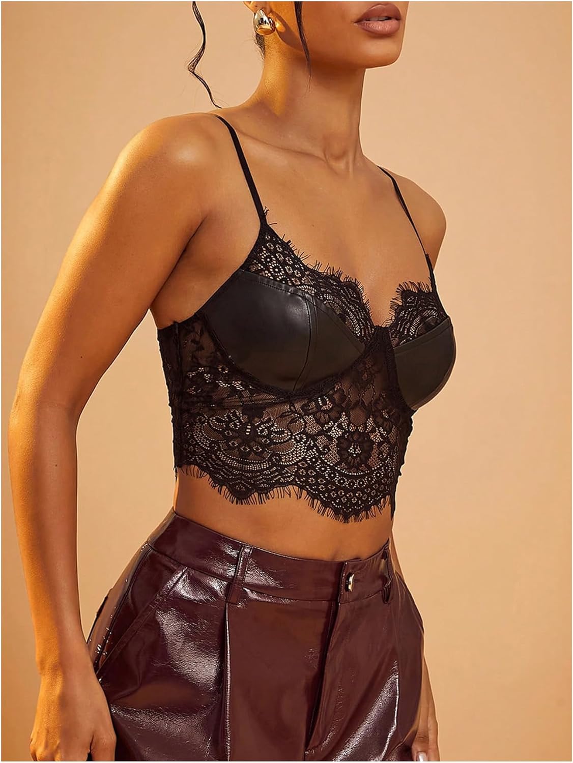 SOLY HUX Women's PU Leather Lace Cami Top Y2k Spaghetti Strap Crop Tops Going Out Party Club Outfits - Image 4