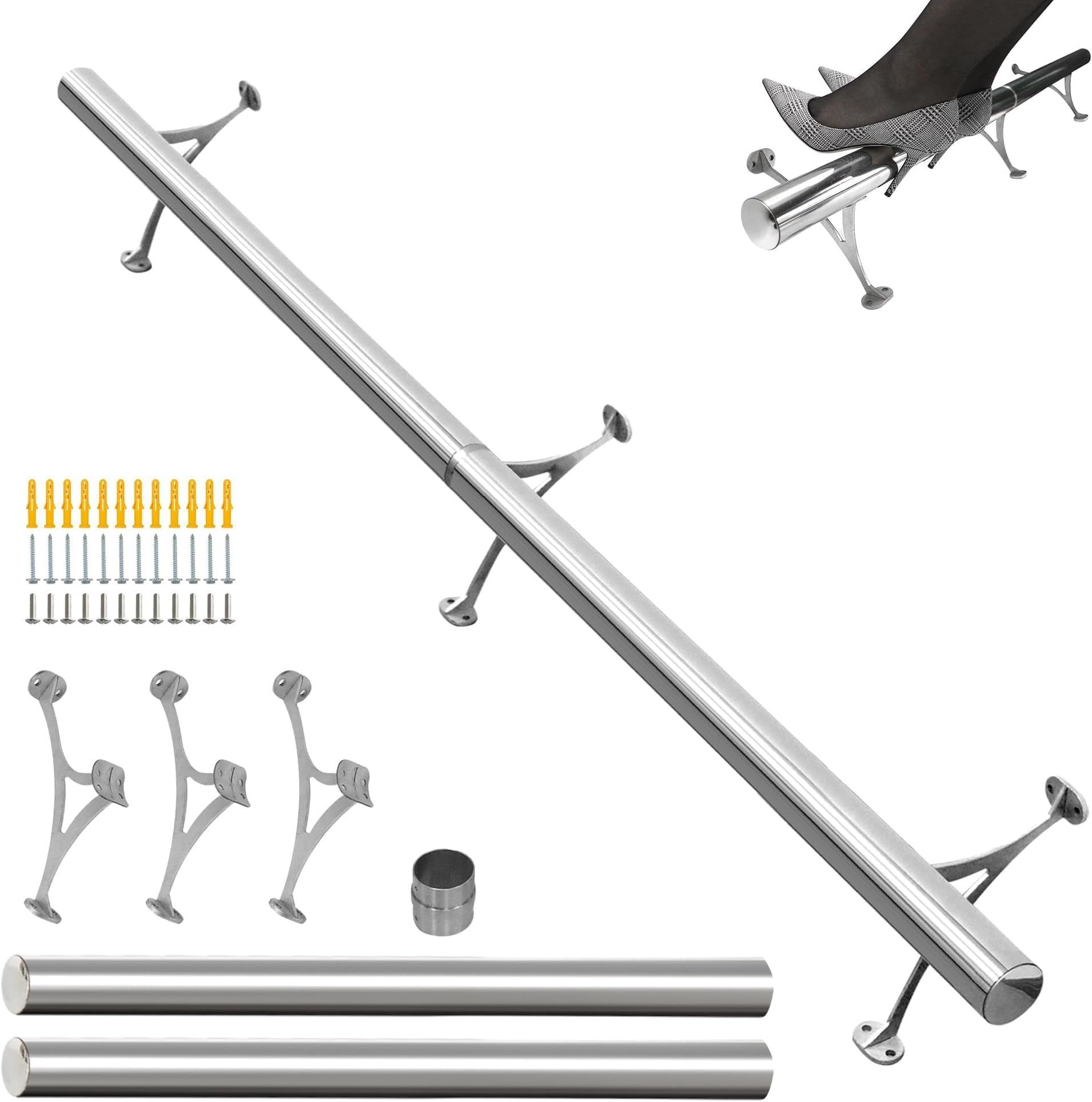 SHANTRA 6ft Bar Foot Rail Kit, 304 Stainless Steel Tube with Polished Finish & Brushed Brackets, Silvery Bar Foot Rest Rail, Foot Railing for Bar, Complete Undercounter Mount Hardware and Tubing