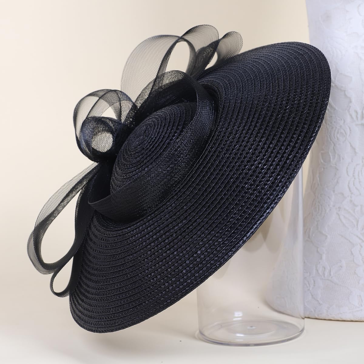 Straw Cocktail Fascinators Hat for Women Ladies Wide Brim Church Wedding Bride Derby Tea Party Hats with Mesh Bow - Image 7
