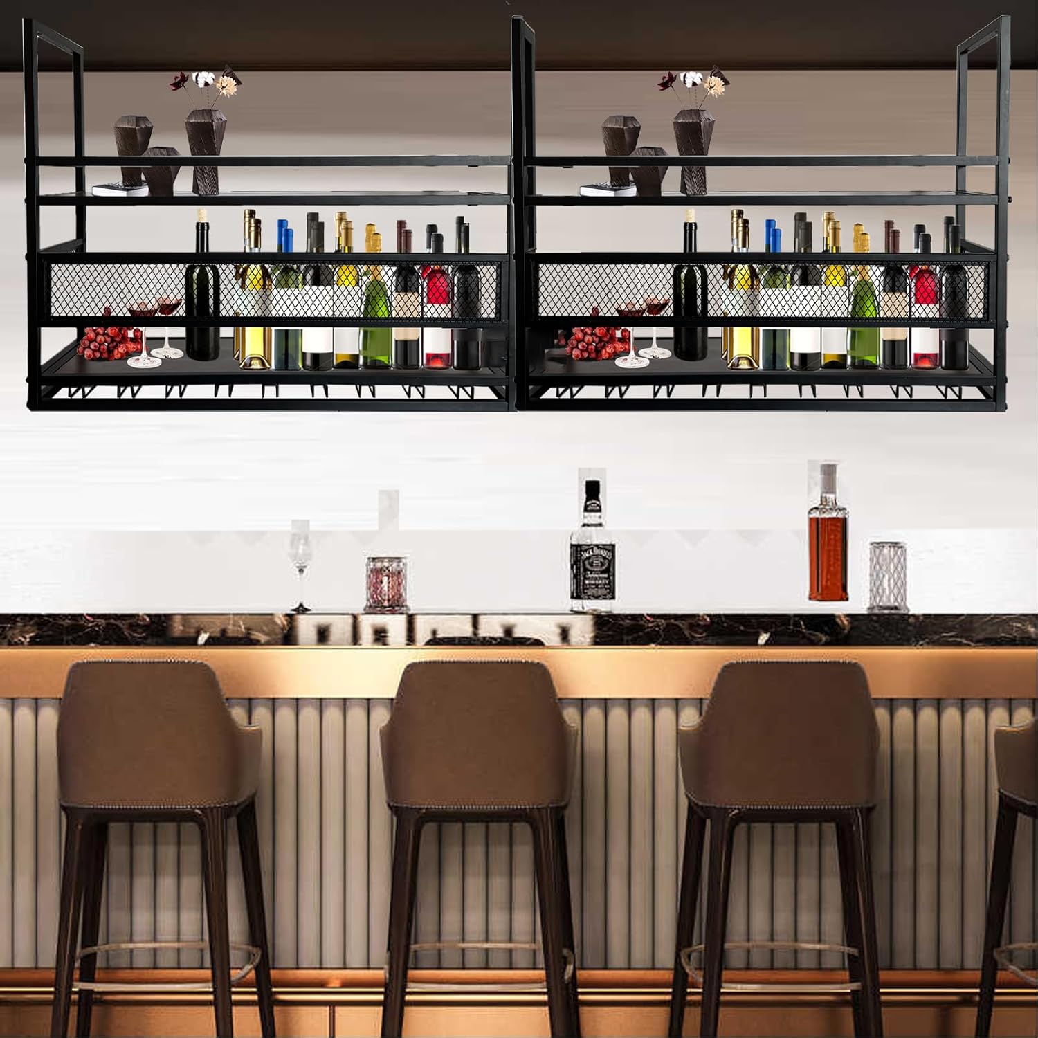 31.5in Ceiling Wine Glass Rack, 2-Tier Wooden Hanging Wine Rack, Industrial Black Metal Hanging Wine Storage Holder, with Glass Holder for Restaurant, Bar (BLACK, 31.5 * 11.8 * 35.4INCH)