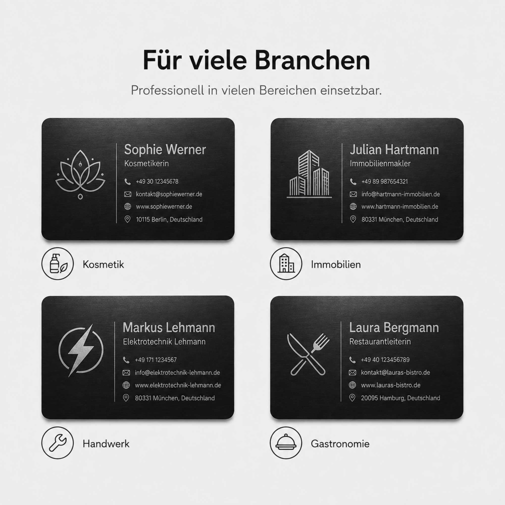Visitenkarten erstellen - 100 personalisierte Aluminium Metall-Visitenkarten in Schwarz, 85 x 54 mm, mit Logo, Text oder QR Code, beidseitige Lasergravur