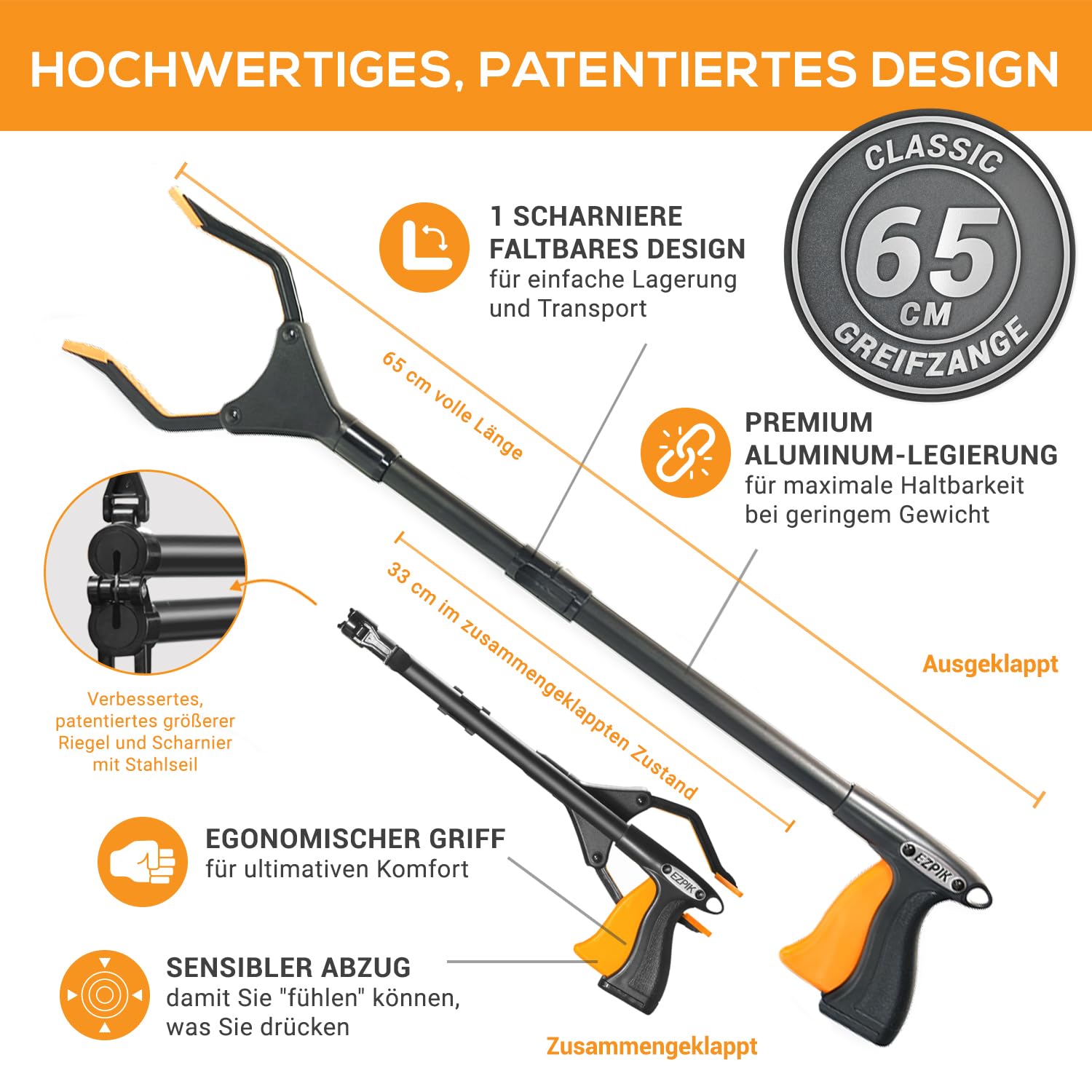 EZPIK 1 x 66 cm Greifer für Senioren mit Magnet-Greifarm, Robuste Greifzangen für Senioren, Menschen mit Behinderungen, Drehbare Müllgreifer Zange, Gehilfe mit Befestigungsclip (1er-Pack, Schwarz)