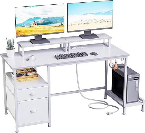 Miniatura 9 de Furologee Escritorio blanco para computadora con cajón y tomas de corriente, escritorio de oficina de 47 pulgadas con 2 soportes para monitor y