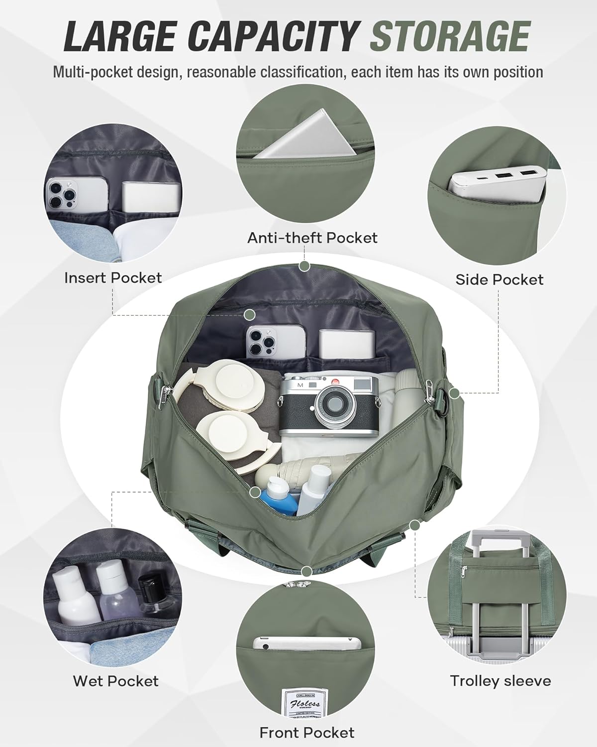 Expandable Travel Duffle Bag for Women Men, Large Gym Bag Travel Tote Bags, Waterproof Carry On Personal Item Bag Airline Approved, Workout Weekender Bag for Overnight Trips with Luggage Sleeve, Green - Image 5