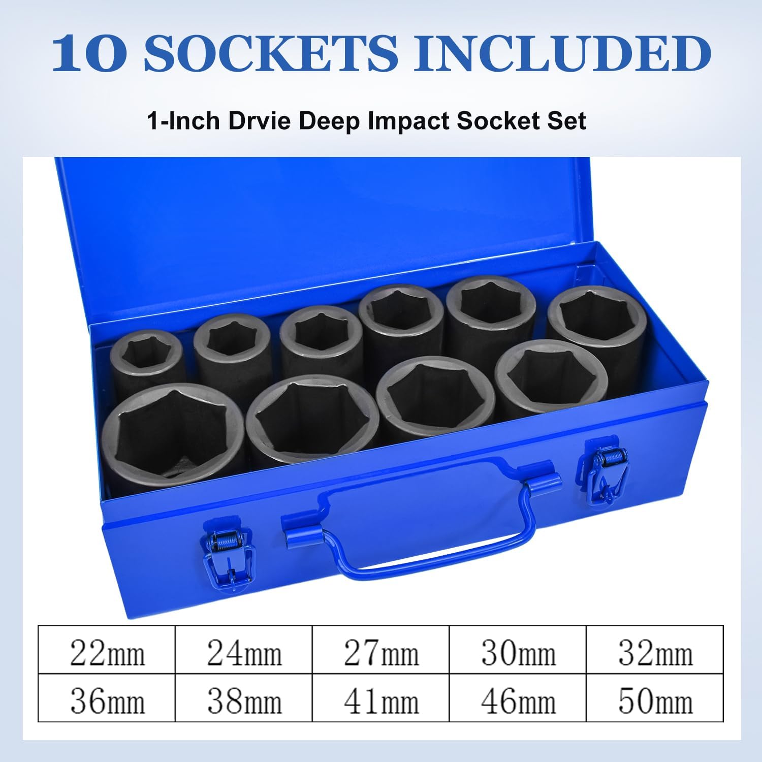 10-Pieces 1" DR Drive Deep Impact Socket Set, 6-Point (22mm - 50mm),10pc Jumbo Impact Socket Set with Carrying Case (22507#)