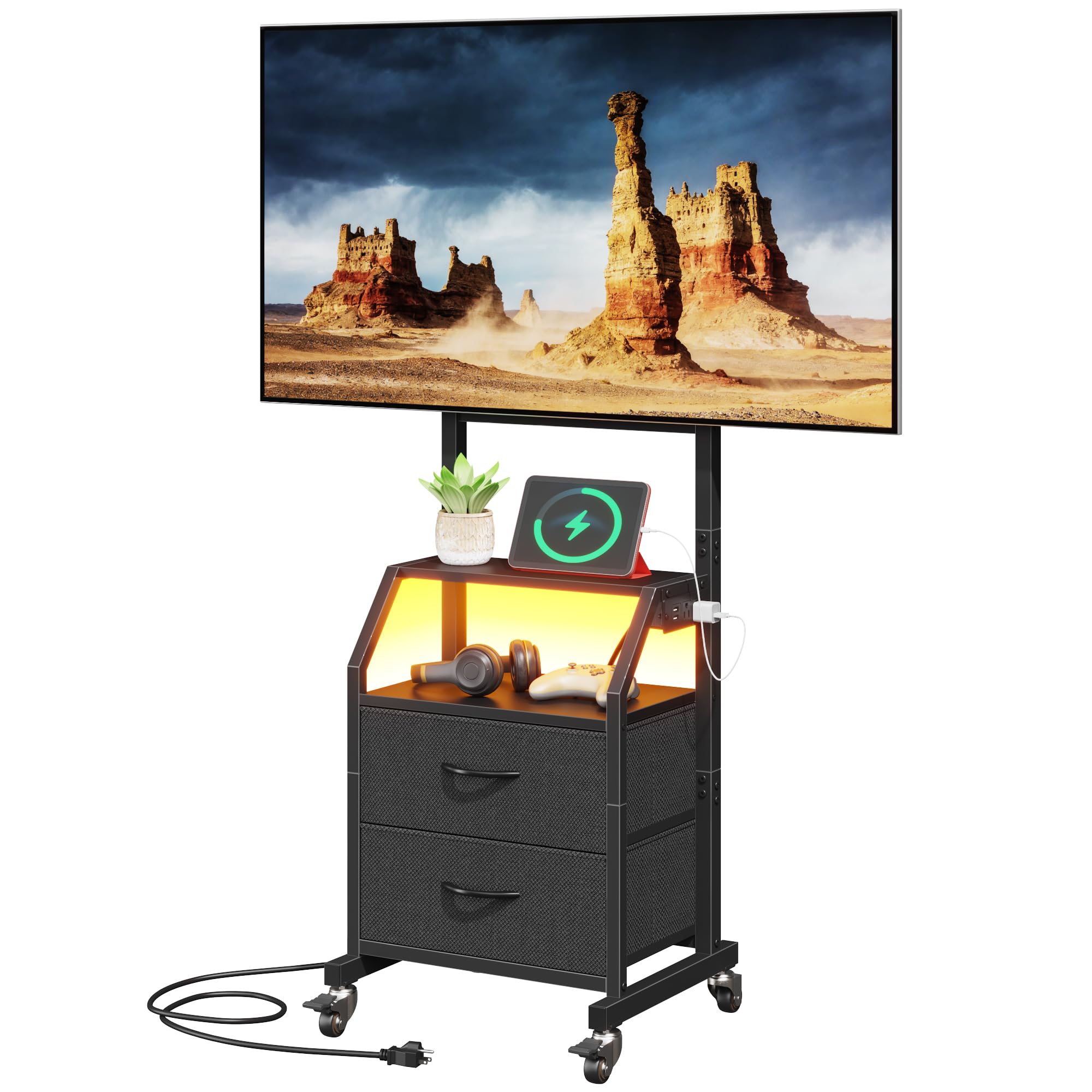 Photo 1 of GYIIYUO Rolling TV Stand with 2 Storage Fabric Drawers/Power Outlet/Mount, Mobile LED TV Stand on Wheels for 32-55 inch TVs, Corner Small TV Cart for Bedroom,Office,Living Room(Black)