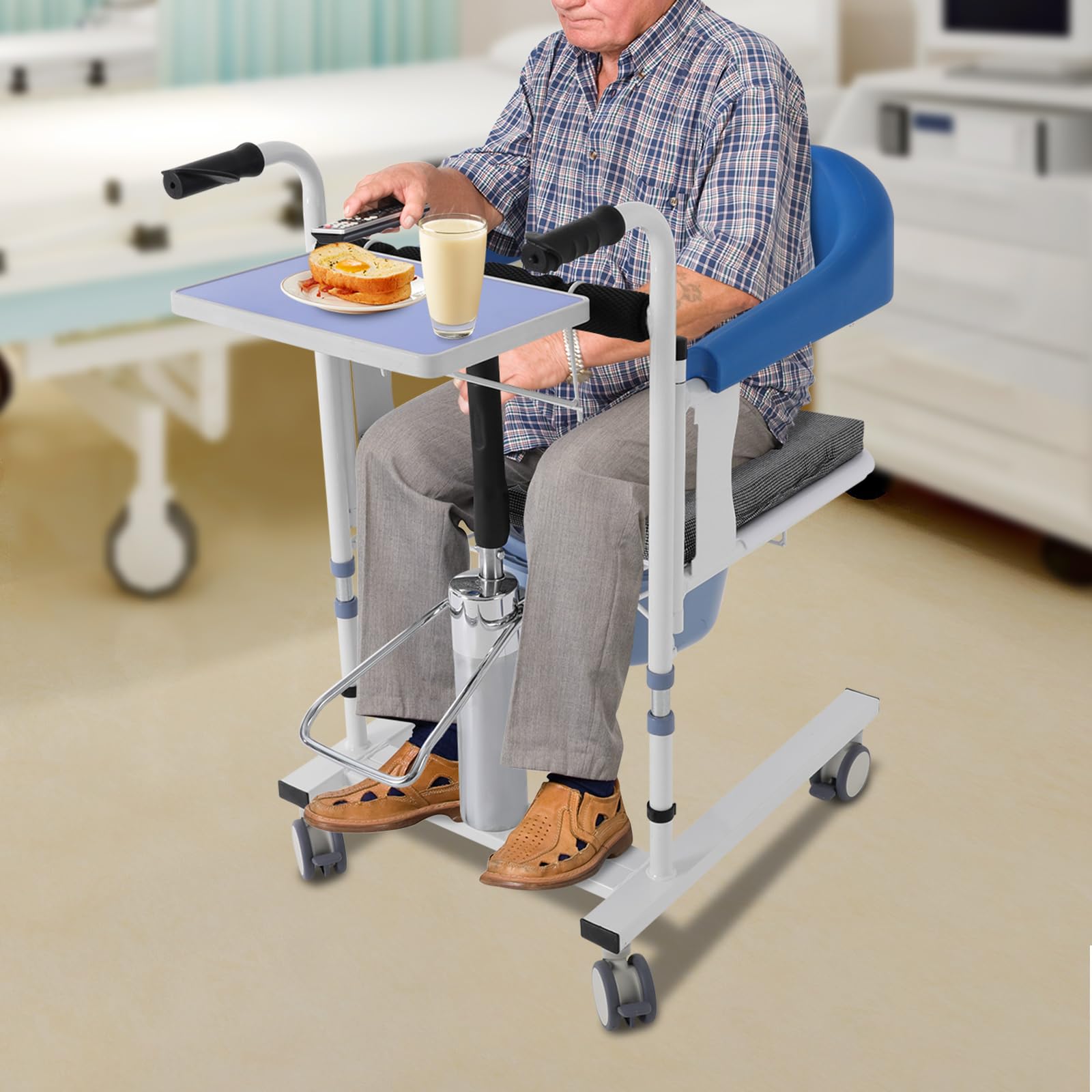Sedia a rotelle idraulica per pazienti, regolabile in altezza, con ruote silenziose a 360° e seduta divisa a 180°, fino a 100 kg, per larghezza fino a 53 cm, blu