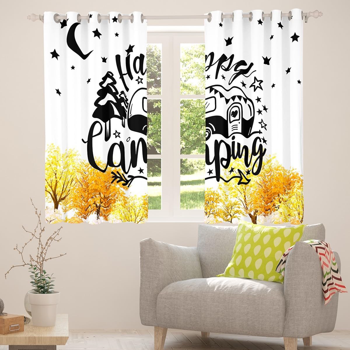 Happy Camping Window Curtain,Cartoon Stars Camper Car Curtains for Kids Girls Boys Woman RV Room Decor,Fall Style Tree View Window Treatment Curtain Watercolor Yellow White Window Drapes,42Wx90L