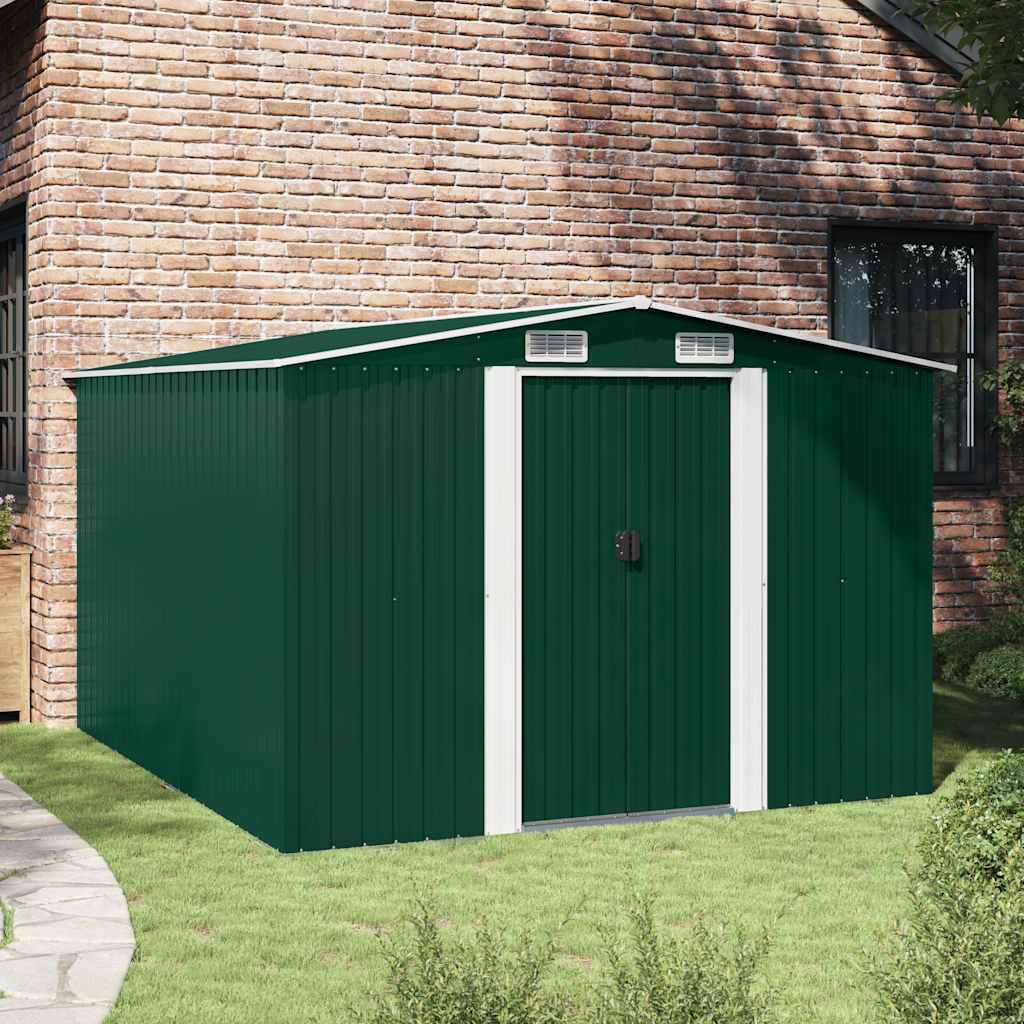 Gerätehaus Metall grün 257x298x178 cm verzinkter Stahl Gartenschuppen mit Lüftungsgittern, Schiebetüren, geräumig für Werkzeugaufbewahrung und Gartenlagerung im Außenbereich Terrasse