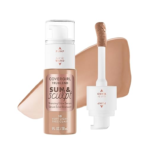COVERGIRL TruBlend Sun & Sculpt Bronzing Glow Serum, Buildable, Radiant Glow, Wand and Pump Applicator - 10 Very Light