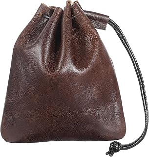 Drawstring Cowhide Bag, Leather Storage Bags Small Waterproof Pouch Vintage Leather Pouch for Earphone Jewelry (Medium, Coffee)