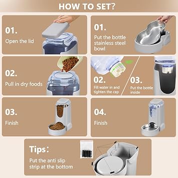 Automatic Cat Feeder and Water Dispenser with Stainless Steel Bowl Dog Gravity Food Feeder and Waterer for Small Medium Pets Puppy Kitten 1 Gallon x 2
