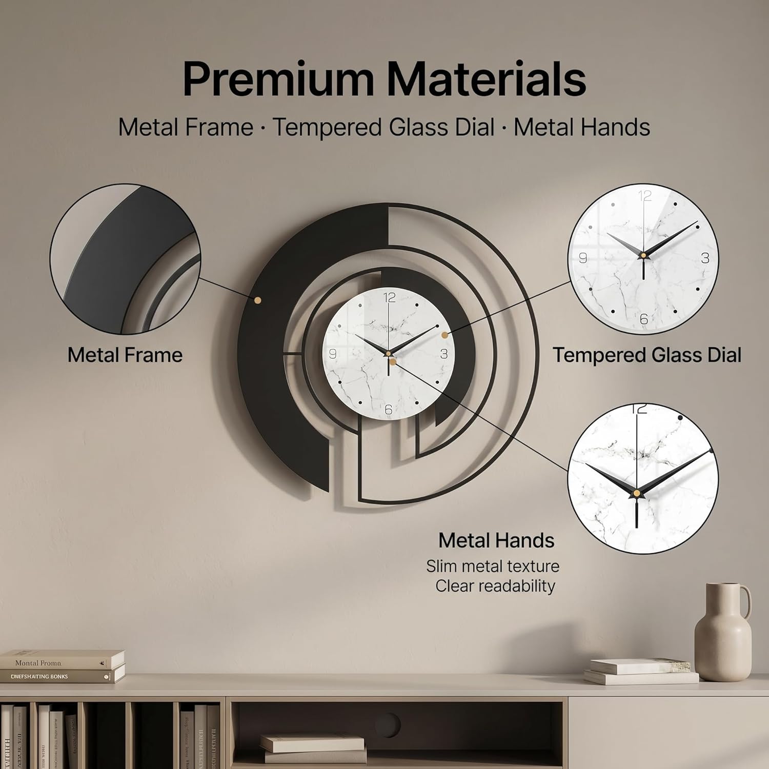 18-Inch Modern Large Metal Wall Clock, Marble-Patterned Tempered Glass Dial, Silent, Non Ticking, Battery Operated Black Creative Clock, for Bedroom and Living Room Home Wall Decoration