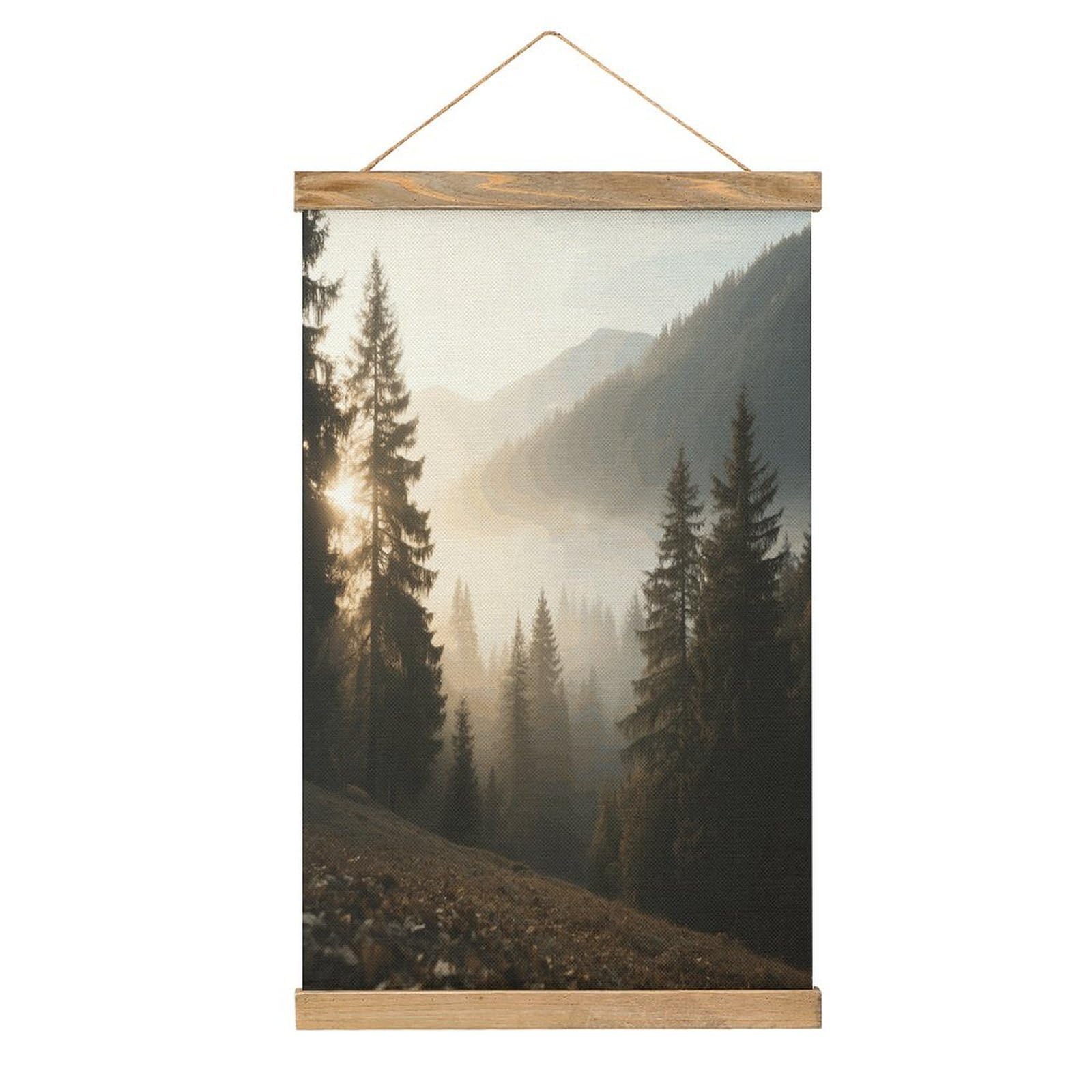 VstaDank Alpine Forest Hanging Poster with Wooden Frame Modern Linen Hanging Painting Retro Style Wall Decor Art Painting for Living Room,Bedroom Decor Poster Frame 20.4x13.1inch