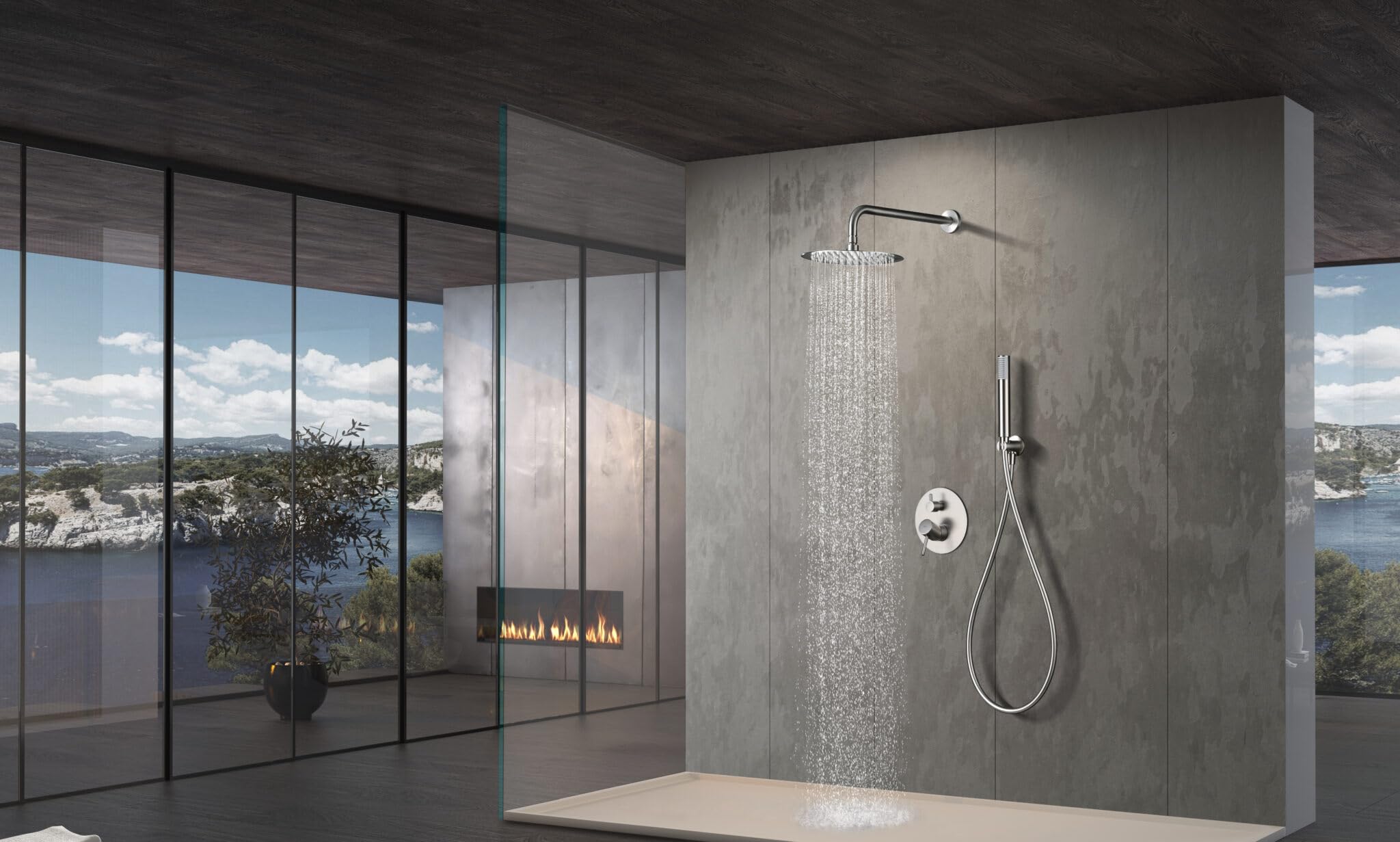 IMEX Grifería Monomando de Ducha Empotrada Serie Monza, Acabado Níquel Cepillado, Rociador de Acero Inoxidable S.304 Ø25 cm, Cartucho Cerámico Ø35 mm