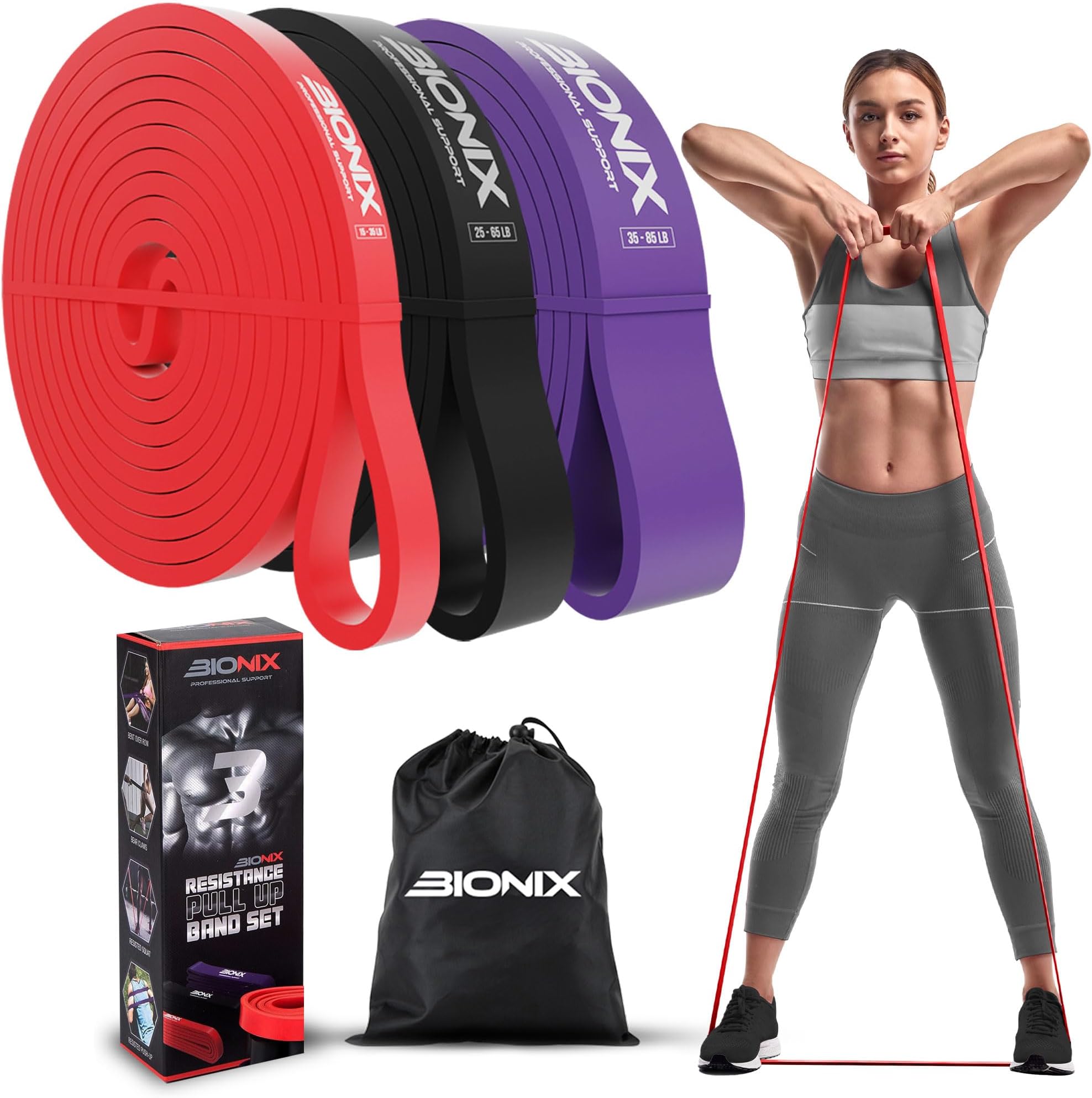 Bionix Resistance Bands Set for Men & Women – Pull Up Assistance Bands with Handles & Door Anchor, Long Resistance Band for Calisthenics, Strength Training,Fitness,Crossfit,Yoga & Home Gym Exercise