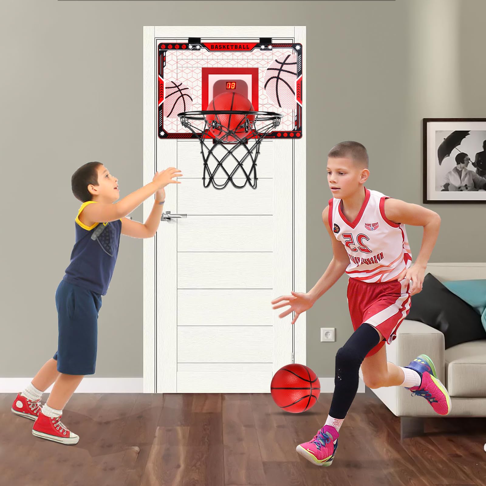Joellfuner Canestro Basket Bambini, Canestro Basket da Camera, Mini Canestro Basket Esterno con Elettronico Punteggio Record, Regalo Sportivo per Bambini e Adulti 3+ con 3 Palline