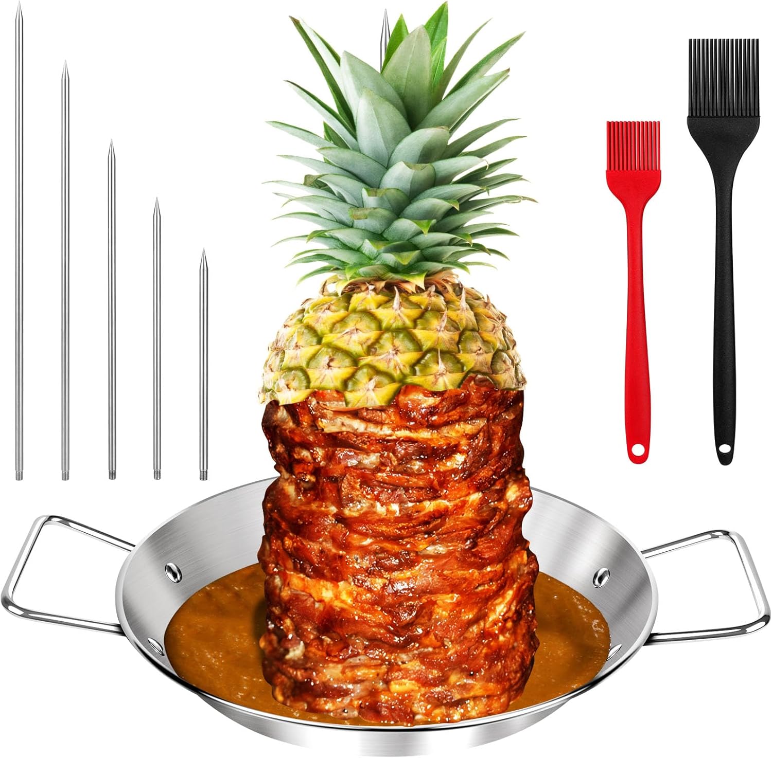 Al Pastor Skewer for Grill, Extra Large 13 Inch Gyro Pan with Fat Separator, Brazilian Spit Stand with 5 Spikes & 2 Brushes, Stainless Steel Vertical Sticks for Shawarma, Chicken on Smoker Oven