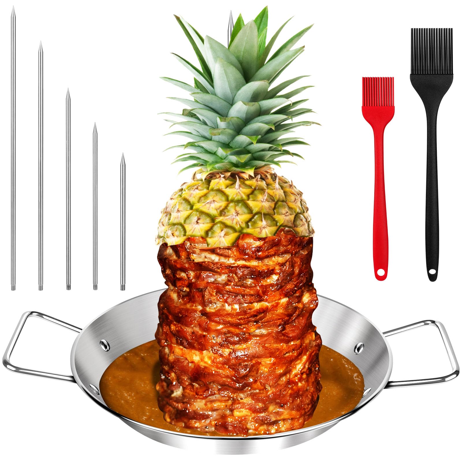 Al Pastor szpikulec do grilla, stojak na grilla ze stali nierdzewnej, patelnia podstawowa 25 cm, z pionowymi kolcami (15 cm, 20 cm, 25 cm, 30 cm, 35 cm) i pędzlami, do Shawarma Taco, kebabów,