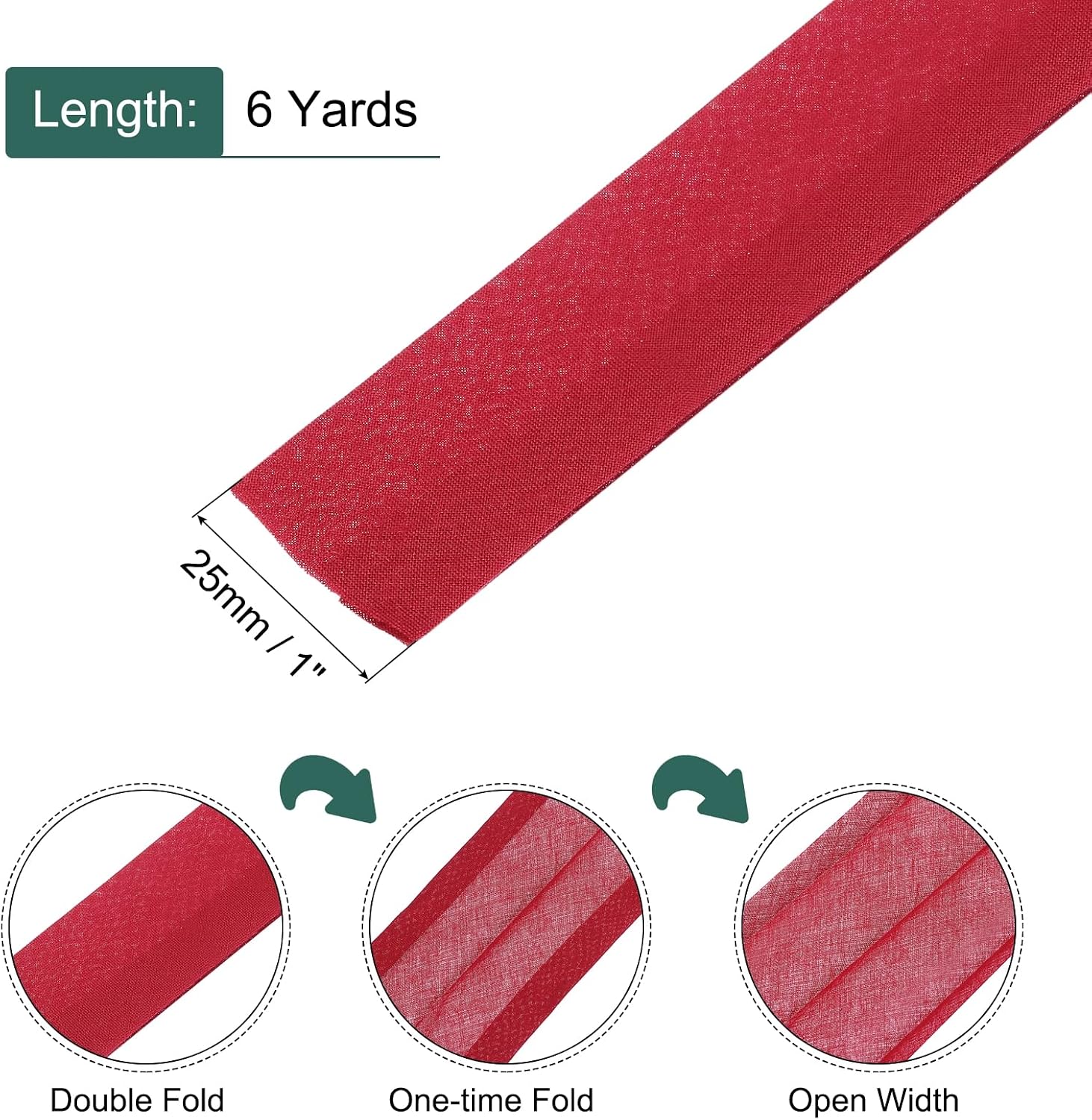 MECCANIXITY 1 Inch Double Fold Bias Tape Continuous Bulk Cotton Bias Tape for Sewing Seaming Quilting Hemming Binding Crafts (Dark Red 6 Yards)