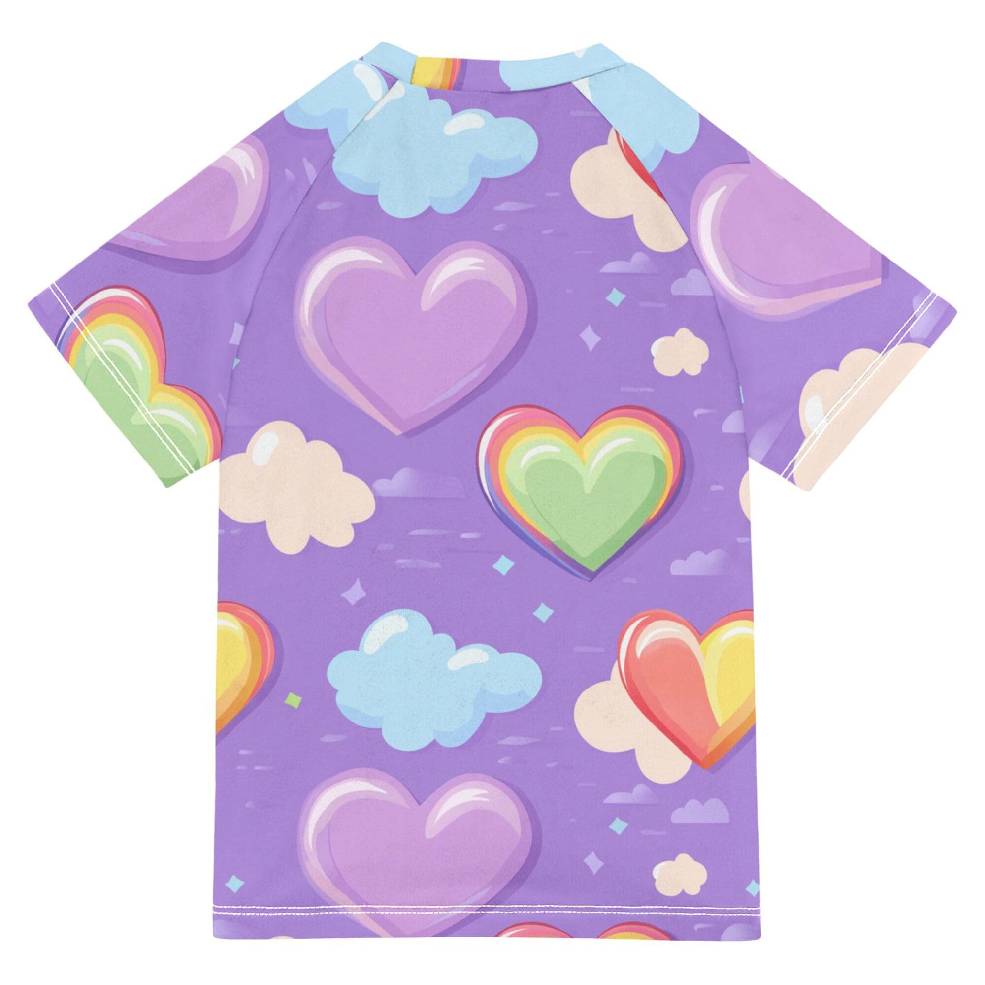 Wudan Colorful Hearts Rainbow Purple Girl Bathing Suit UV Protection Rash Guard for Girls Swimwears Active Shirts for Toddler Boy 7-8Y