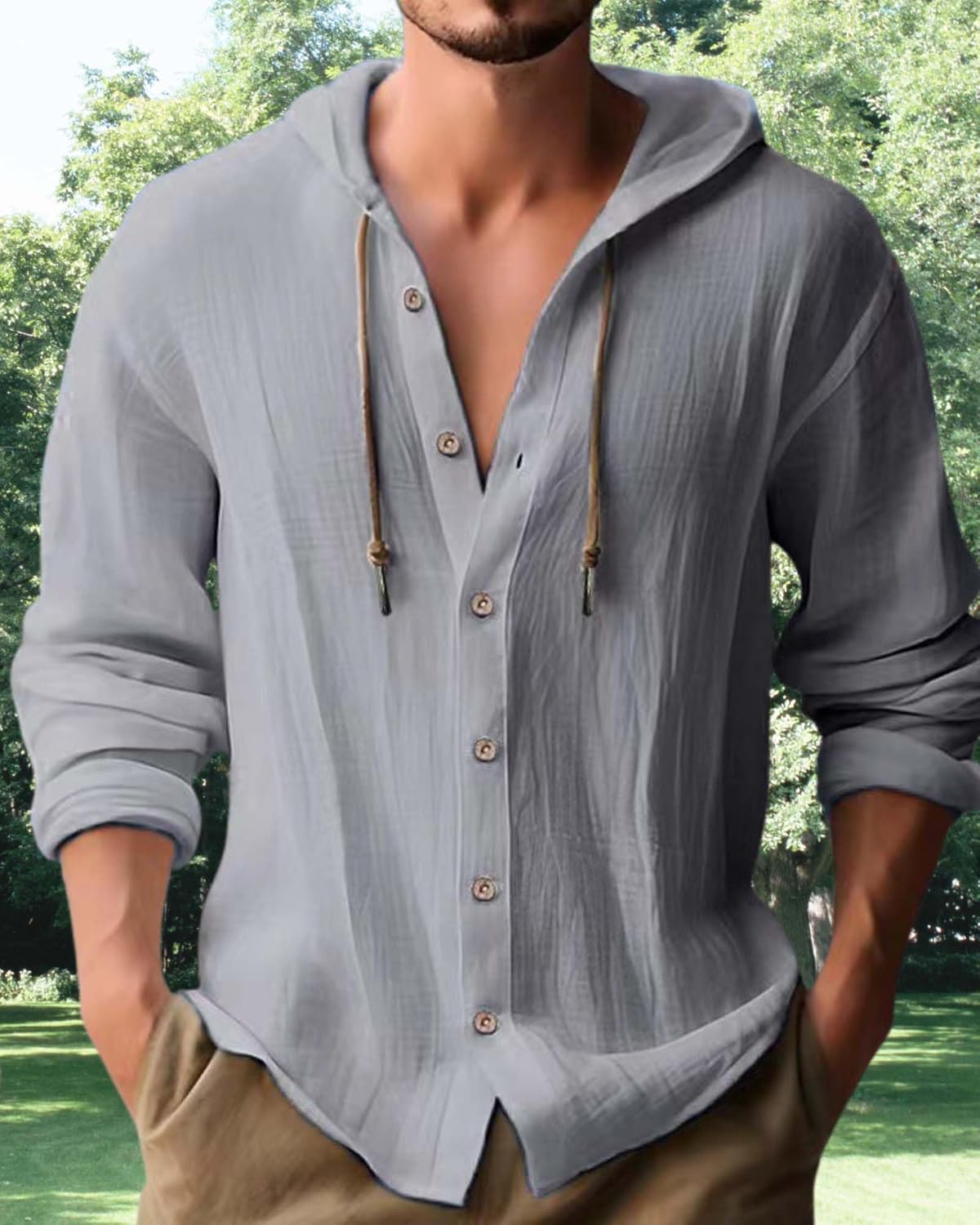 Cotton Linen Hoodie for Men Summer Casual Long Sleeve Button Down Hawaiian Beach Shirt Tops with Hood - Image 4