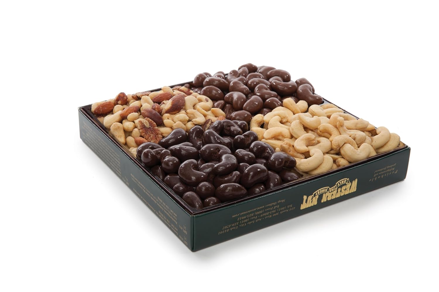 Western Nut Company Forest Gold Gift Box, Variety of Nut Collections, Seasonal Gift Wrap Boxes, 2LB Square Gift Box (Gift #12 Half & Half)