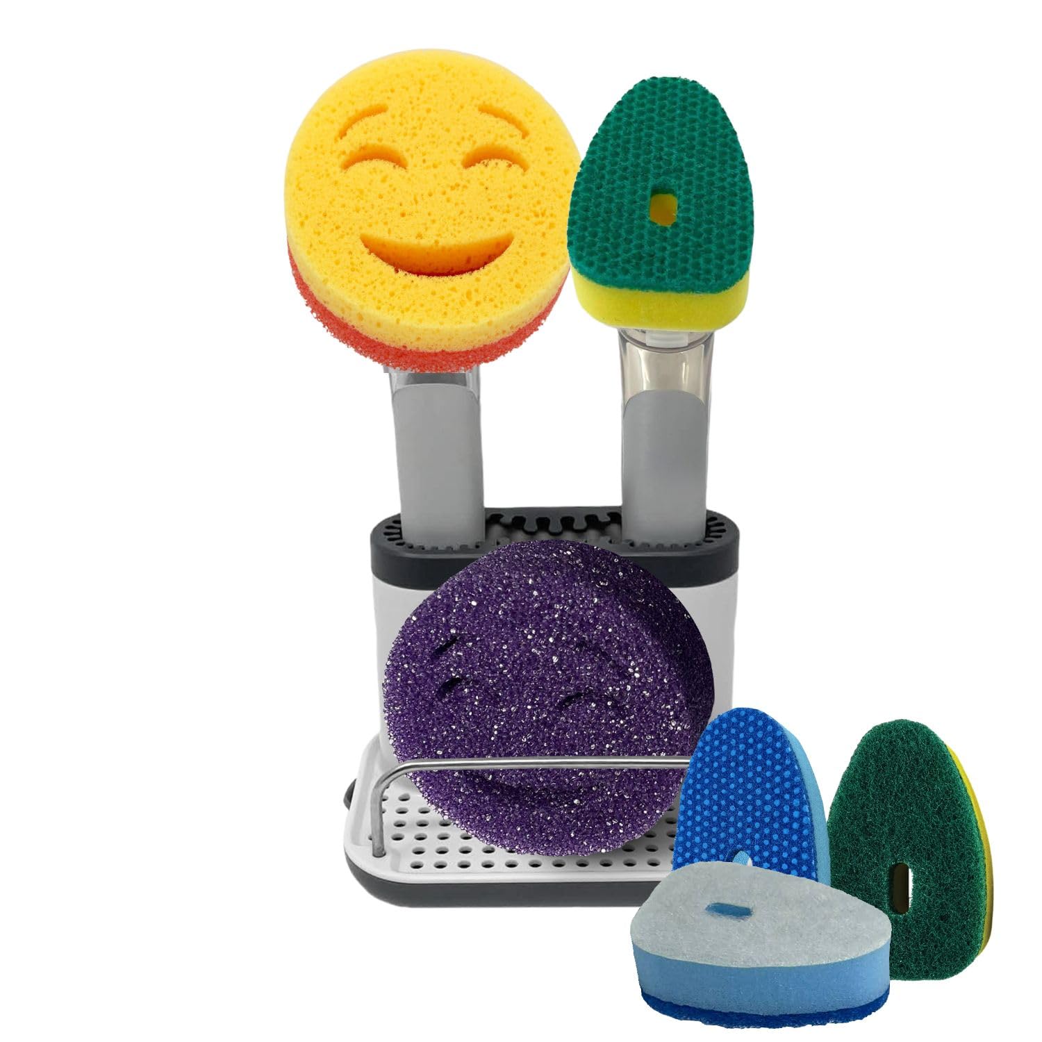 The Original Smiling Handle with Soap Dispensing for Scrub Daddy (Reg. TM) Sponge and Scrub Moji Sponges with Smilyeez Caddy, Dishwand, &amp; 2 Scrub Mojis (White &amp; Grey)