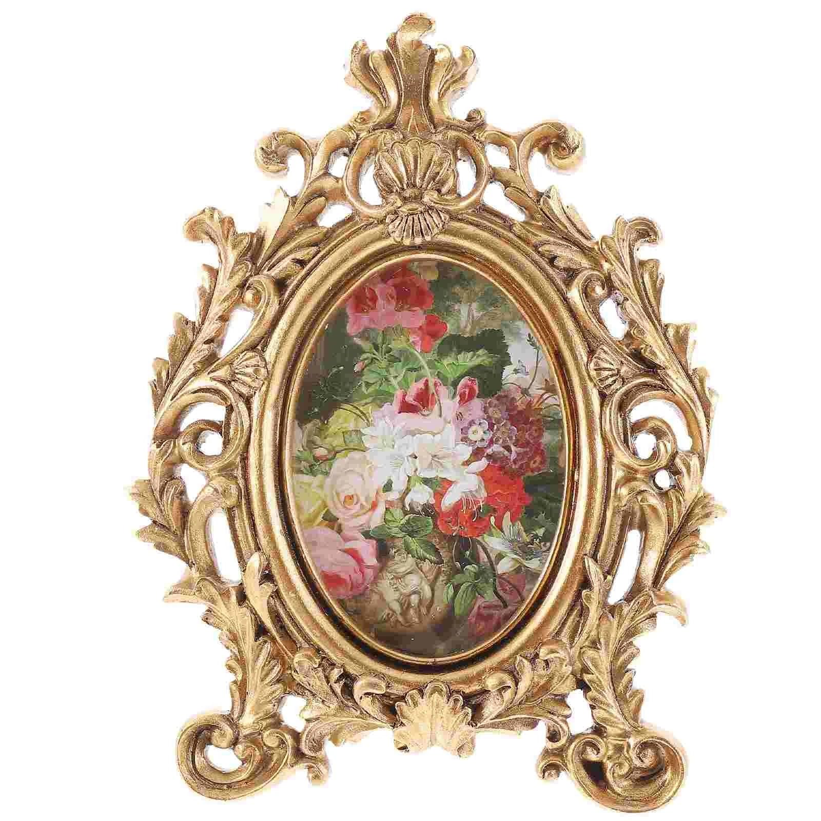 DAJGRHE Photo Frame Retro Decor Small Vintage Photo Frame Desk Props Picture Resin Golden