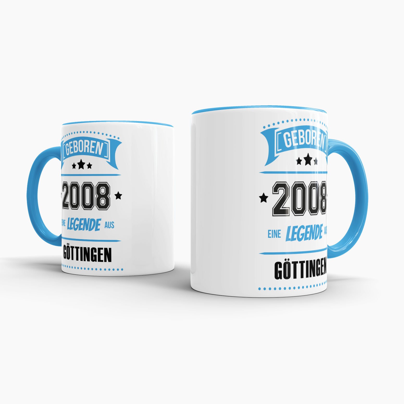 Tassendruck Geburtstags-Tasse Geboren 2008 Eine Legende aus Göttingen Innen & Henkel Hellblau/Geschenk/mit Spruch/Mug/Cup/Becher/Qualität Made in