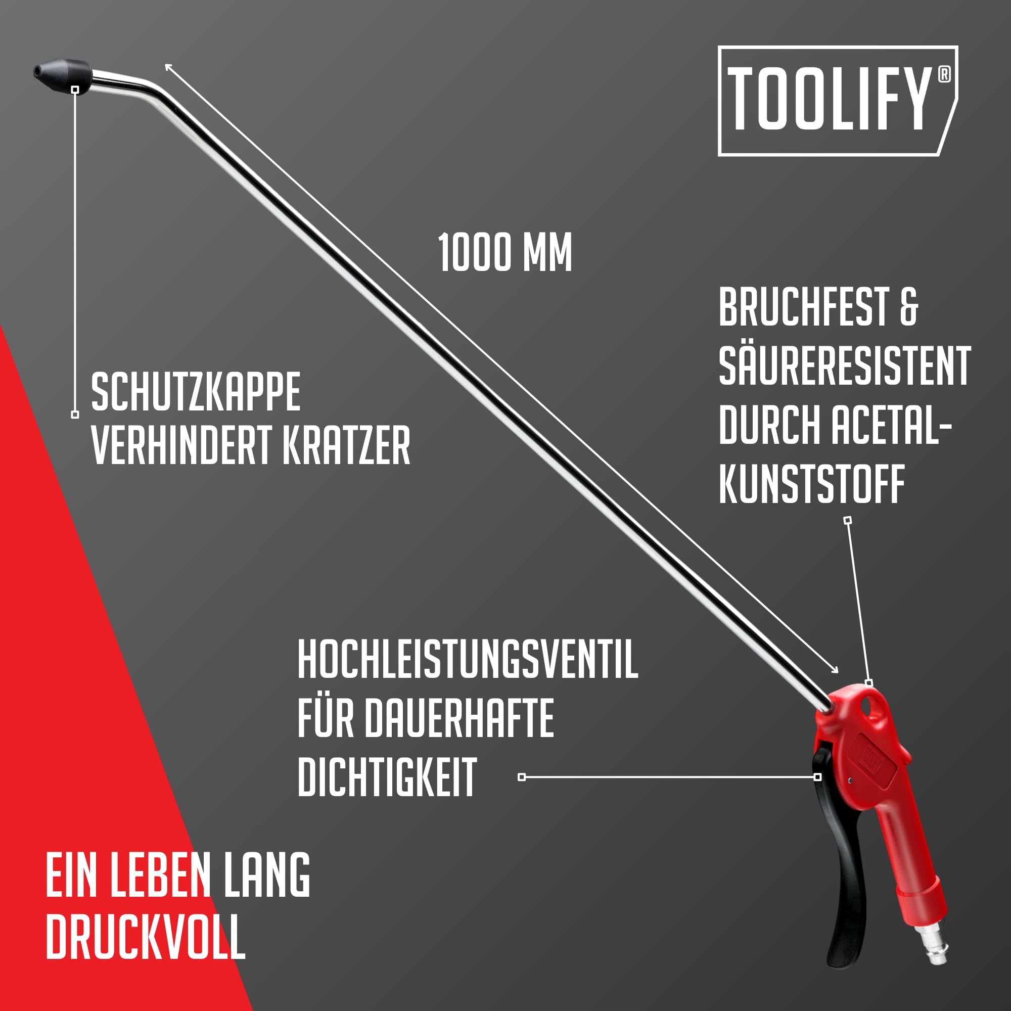Druckluftpistole lang 1000 mm | max 16 bar | lange Ausblaspistole mit Edelstahlrohr, Schutzkappe, Druckluftnippel, bruchfestes POM Gehäuse | hohe Luftmenge für Profi-Reinigungen