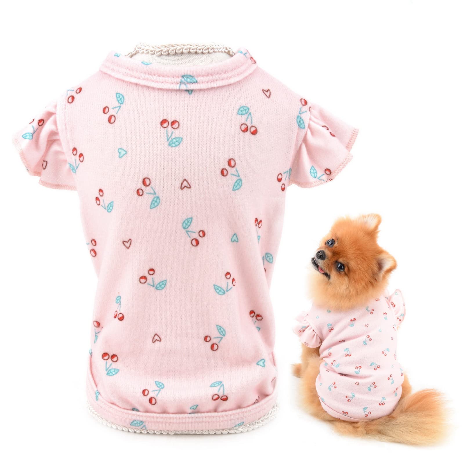 SMALLLEE_LUCKY_STORE Pet Clothes Girls Cute Cherry T-shirt Puppy Shirt Tee for Small Medium Dog Cat Ruffles Sleeves Tank Top Vest Summer Yorkie Chihuahua Apparel,Pink,XL