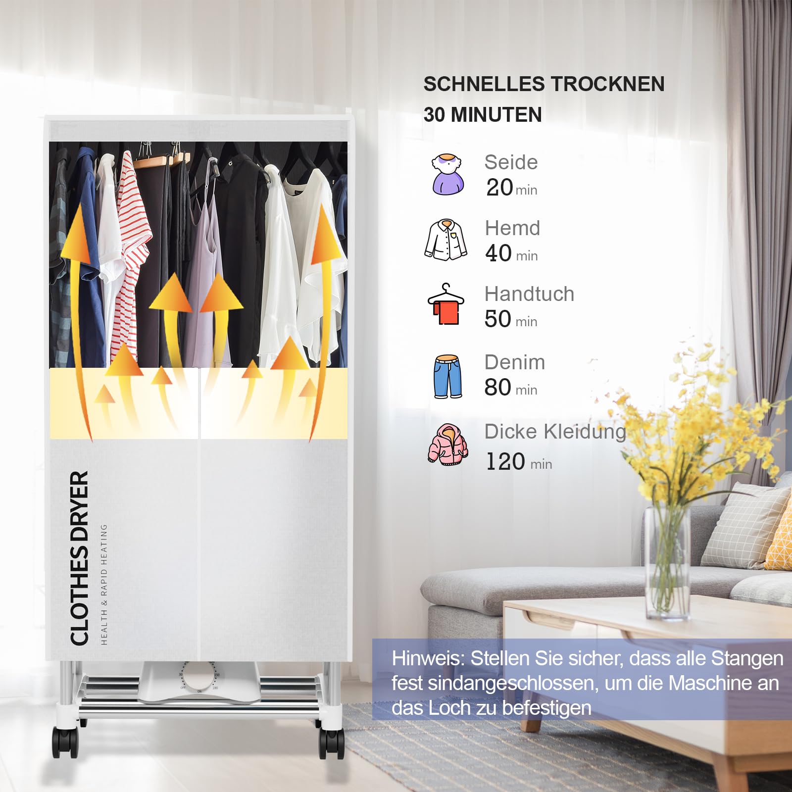 Wäschetrockner, Tragbare Trockenmaschine mit Timer, 60inch Wäschetrockner mit großer Kapazität, elektrischer Trockner/Rack für Zuhause (Grau QW1)