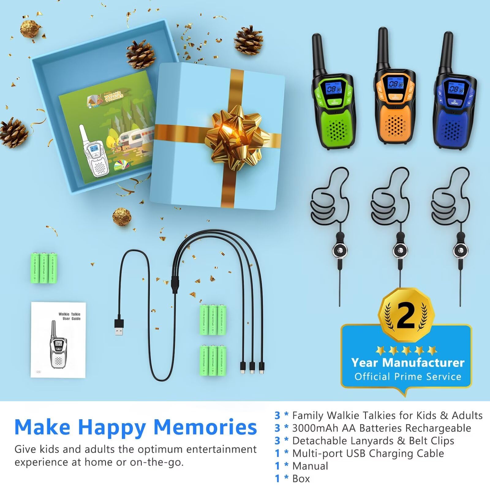 Walkie-Talkies - Walkie Talkie recargable para adultos, radio FRS de 2 vías de largo alcance, paquete de 3 con batería de cordón de 4 millas NOAA USB, juguetes familiares para niñas de 3 a 12 7