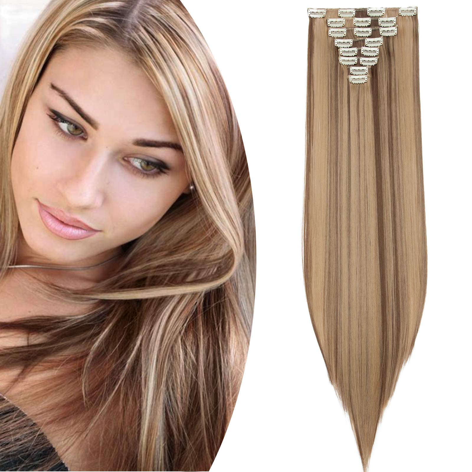 23"(58cm) SEGO Extensiones de Clip Pelo Sintético Se Ve Natural 8PCS [Arena Oscura mezcla Rubio Claro] Cabello Liso Largo Postizos Pelucas para Mujer (140g) — view 9