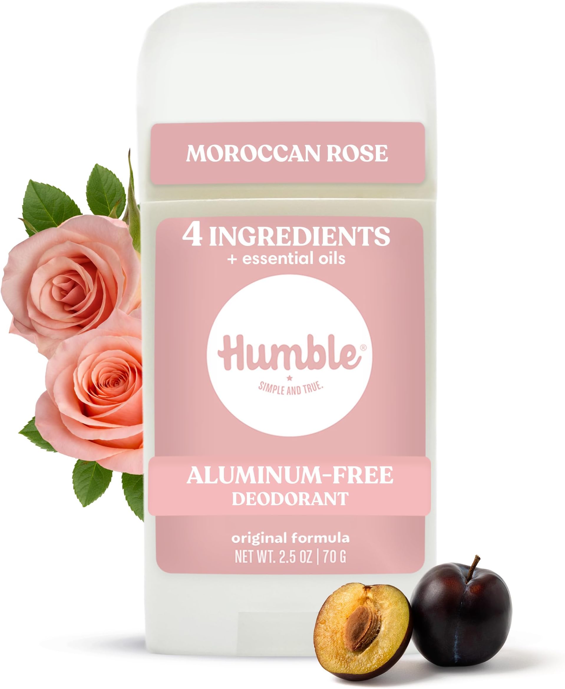 Humble Brands Original Deodorant without Aluminium - Long-Lasting Odour Control with Sodium Bicarbonate and Essential Oils - Moroccan Rose, Pack of 1