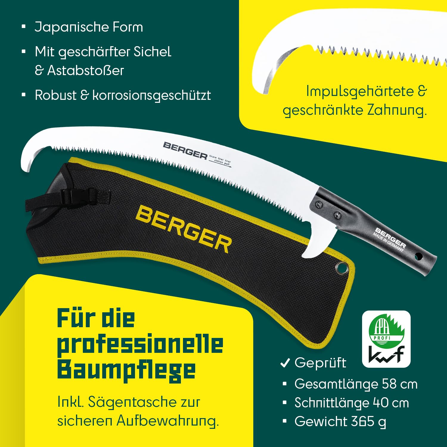 BERGER ArboRapid Set 77039 | Teleskop Astsäge für Profis | Teleskopsäge 6,65m Arbeitshöhe | Hochentaster aus Glasfaser | Baumsäge inkl. Tasche & Aufsatzsäge | Astsäge Teleskop zertifiziert & geprüft