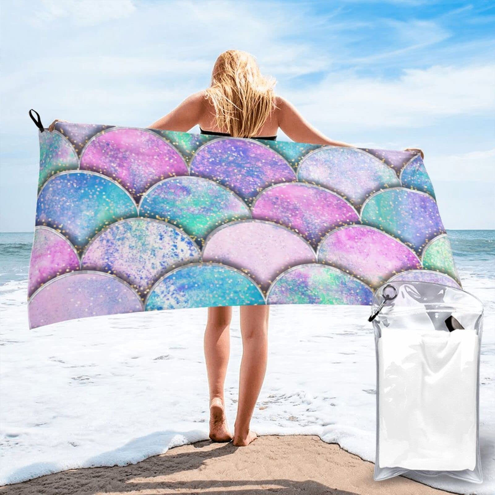 Lawenp Colorful Mermaid Scales Microfiber Beach Towel Adults Large Quick Drying Bath Towel Travel Towels with Pouch 31.5"x63"