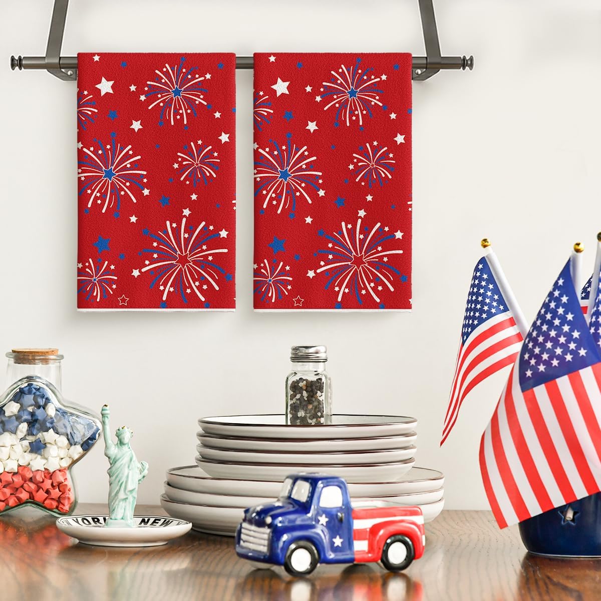 Artoid Mode Red Stars Firework America Patriotic 4th of July Kitchen Towels Dish Towels, 18x26 Inch Memorial Day Decoration Hand Towels Set of 2 image 2