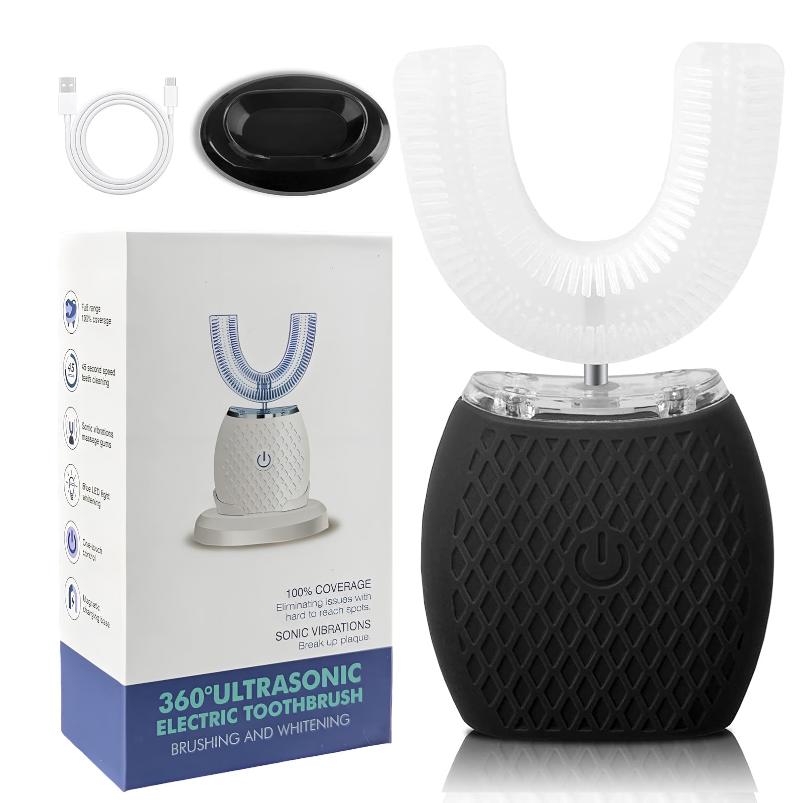 Cepillo de Dientes Ultrasónico Automático, Cepillo de Dientes Eléctrico Ultrasónico, Cepillo de Dientes Ultrasónico de 360° para Adultos (Negro)