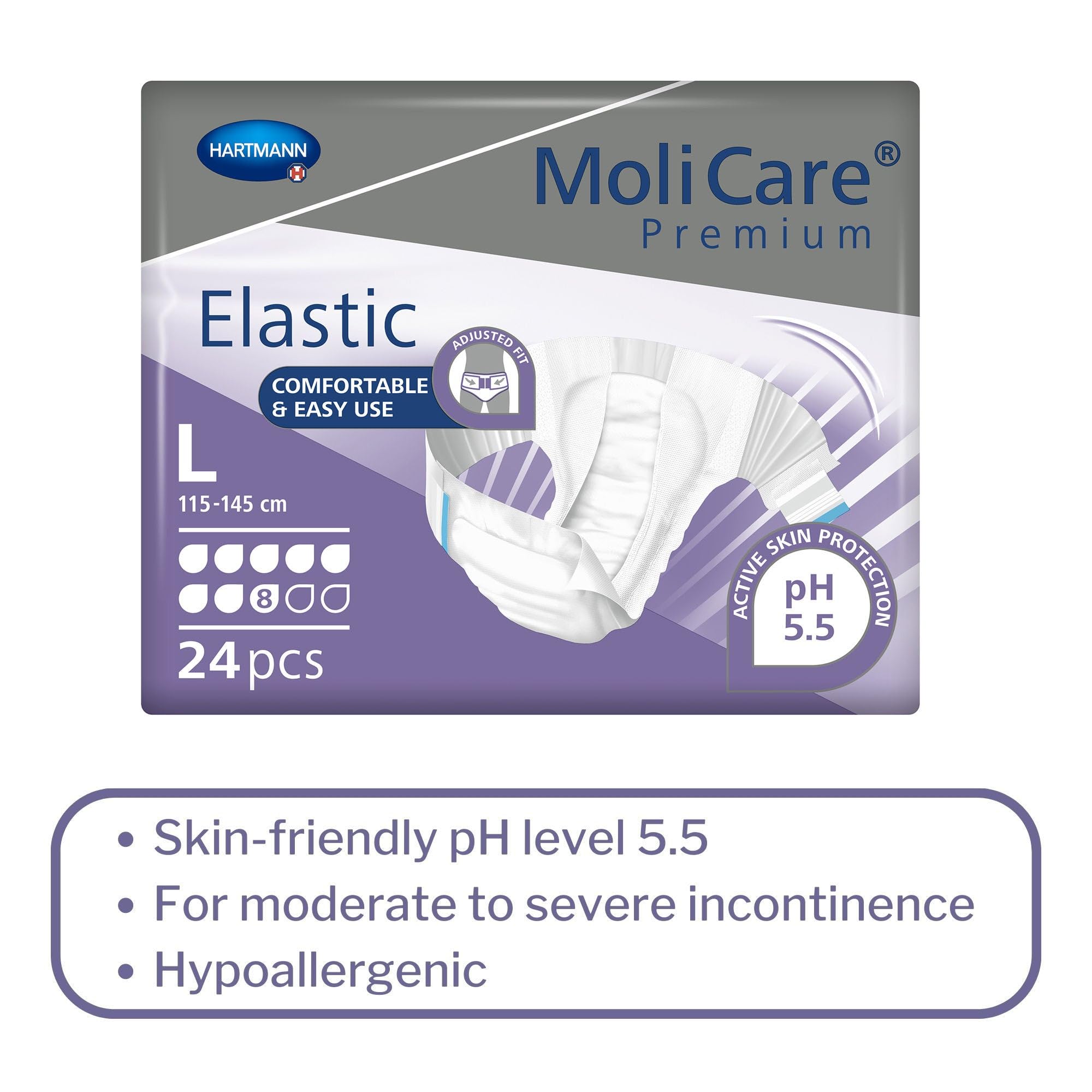 MoliCare Premium Elastic Slip: w przypadku ciężkiego nietrzymania moczu dla kobiet i mężczyzn; 8 kropli, rozmiar L, (obwód bioder 115-145 cm), 3 x 24 sztuki