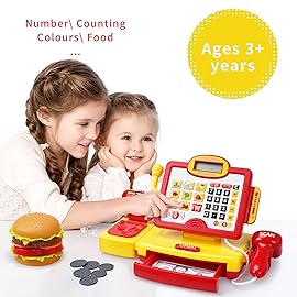 FS Toy Cash Register for Kids, with True Barcode Scanner & Calculator Toys, Pretend Play for Toddlers 3-5, Shopping Playset, Kids Cash Register with Credit Card for Boys and Girls