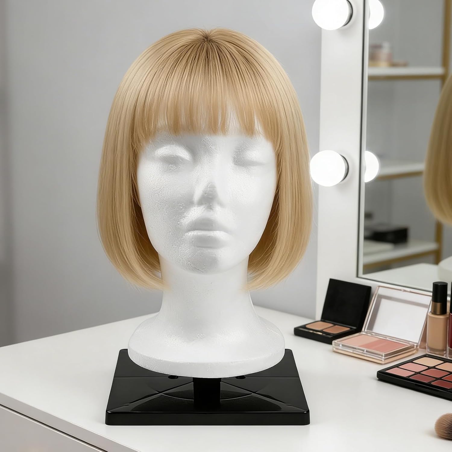 1 Pcs Foam Mannequin Wig Head Stand – Non-Topple Cosmetology Manikin Head Holder with Plastic Square Base for Tabletop Display – Foam Mannequin Head Not Included
