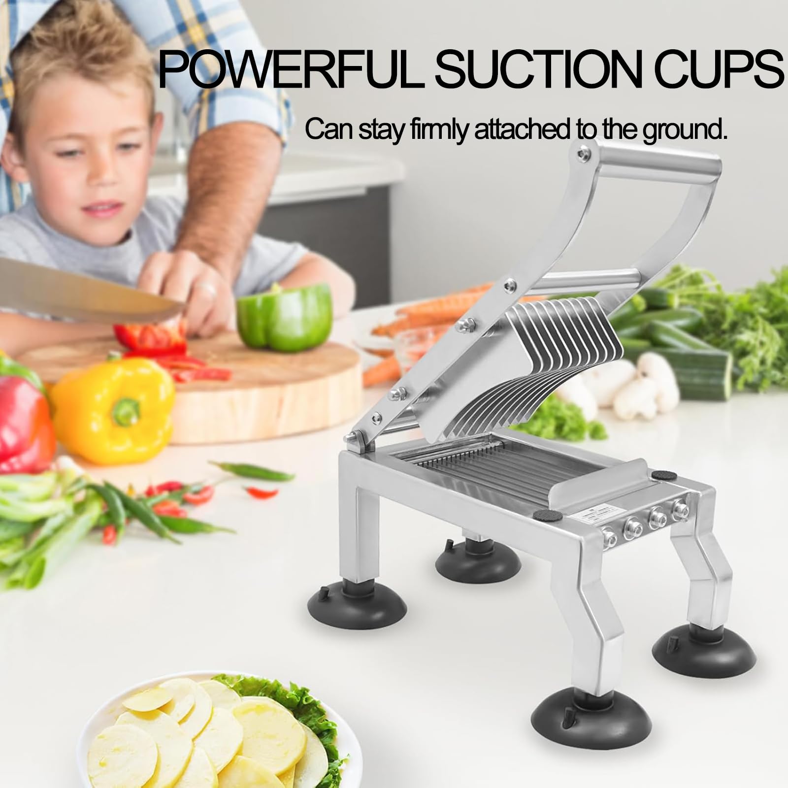 MObyat Gewerblicher Tomatenschneider, 10 Mm Edelstahl, Pommes-Frites-Schneider Mit 4 Leistungsstarken Saugnäpfen, Pressmechanismus, Leicht Abnehmbar, Robust Und Rostbeständig, Für Tomaten