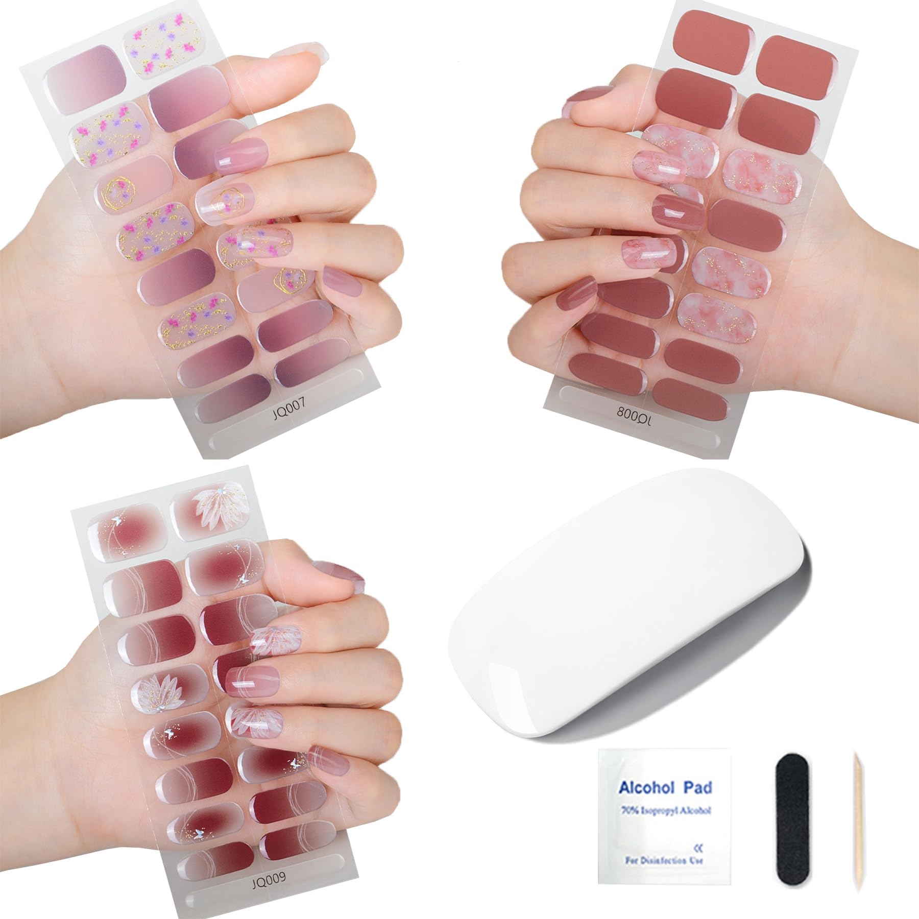 French False Nails, Gel Nail Stickers with Nail Lamp Light Kit - DIY Gel Nail Stickers Starter Kit (Color-E)