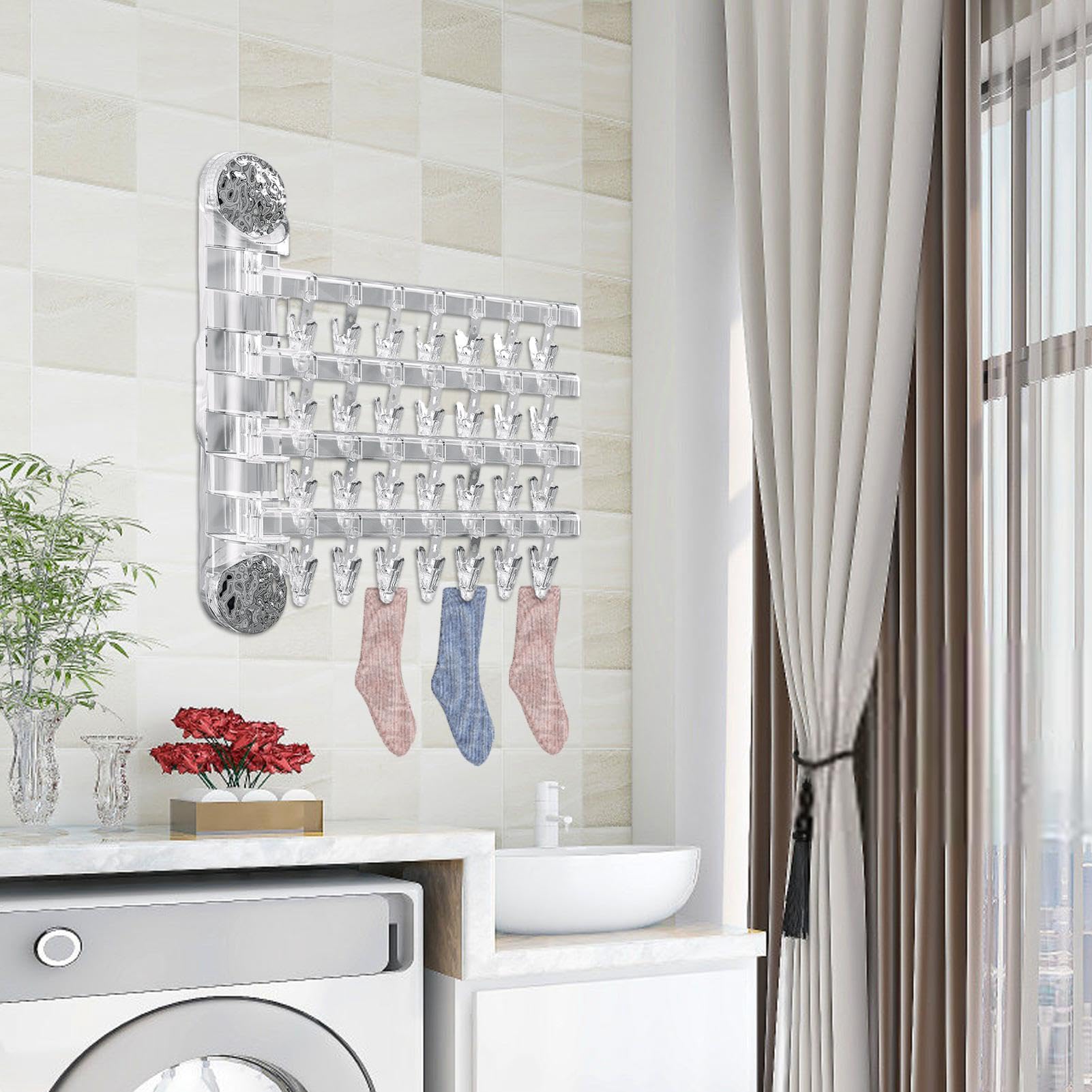 Cintre mural avec tige télescopique réglable - 12 à 20 cm - Pliable - Ventouse - Installation sans perçage - Poudre blanc crème