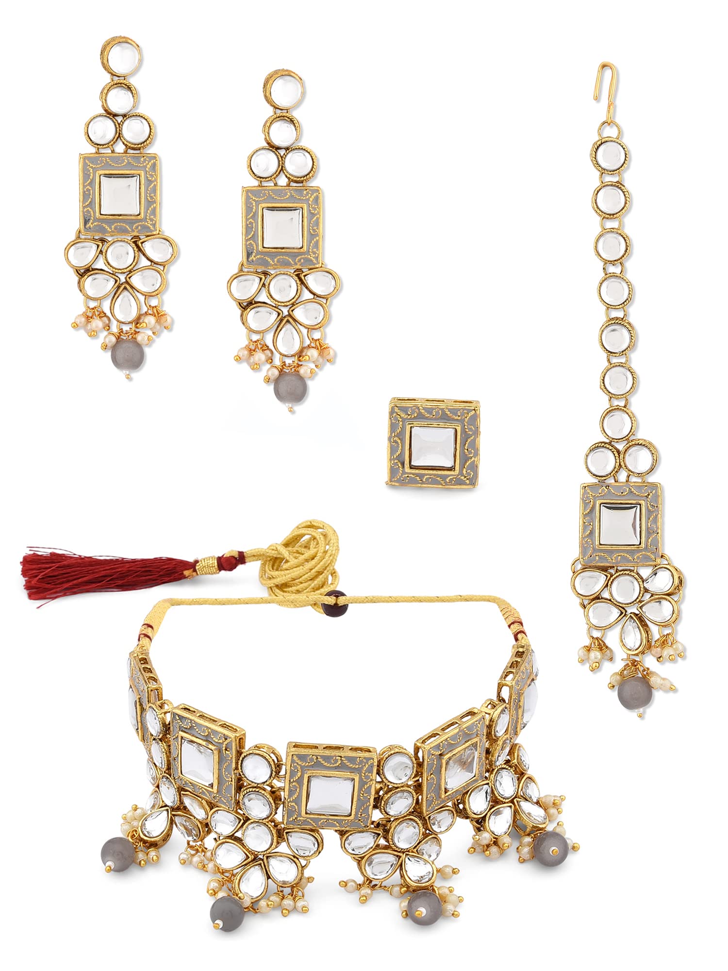 ZAVERI PEARLS Grey Meenakari Kundan Choker Necklace Earring Maangtikka & Ring Set For Women-ZPFK12479 (B09RWQP696) Amazon Price History, Amazon Price Tracker