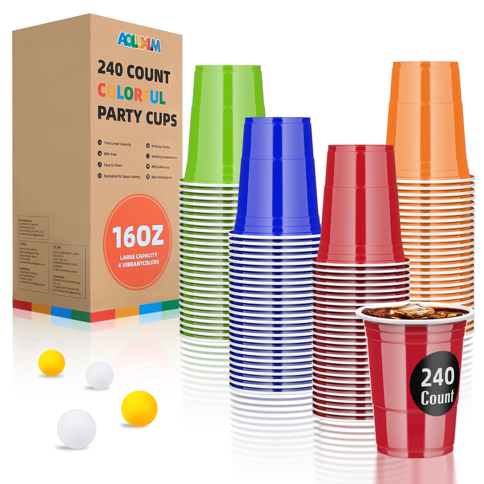 AOLUXLM 240 Partybecher Set + 20 Bälle, 473ml/16oz Plastikbe