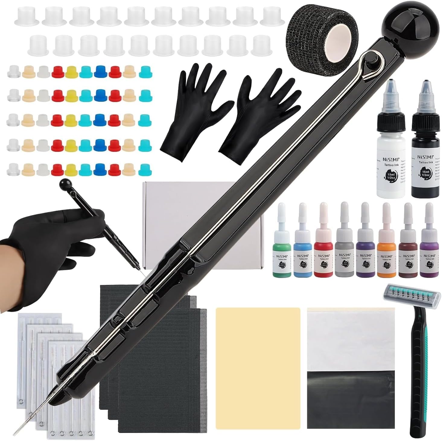 Hand Poke Tattoo Kit for Beginners, DIY Tattoo Poke Pen Set with 20pcs Needles & 8 Colors Ink Set - Complete Starter Practice Kit